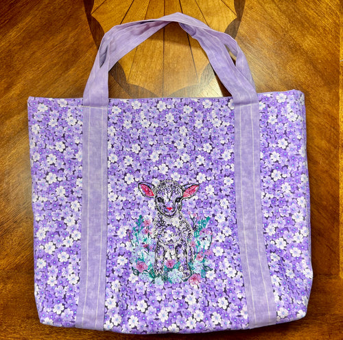 Lamb Embroidered Large Lavender Tote